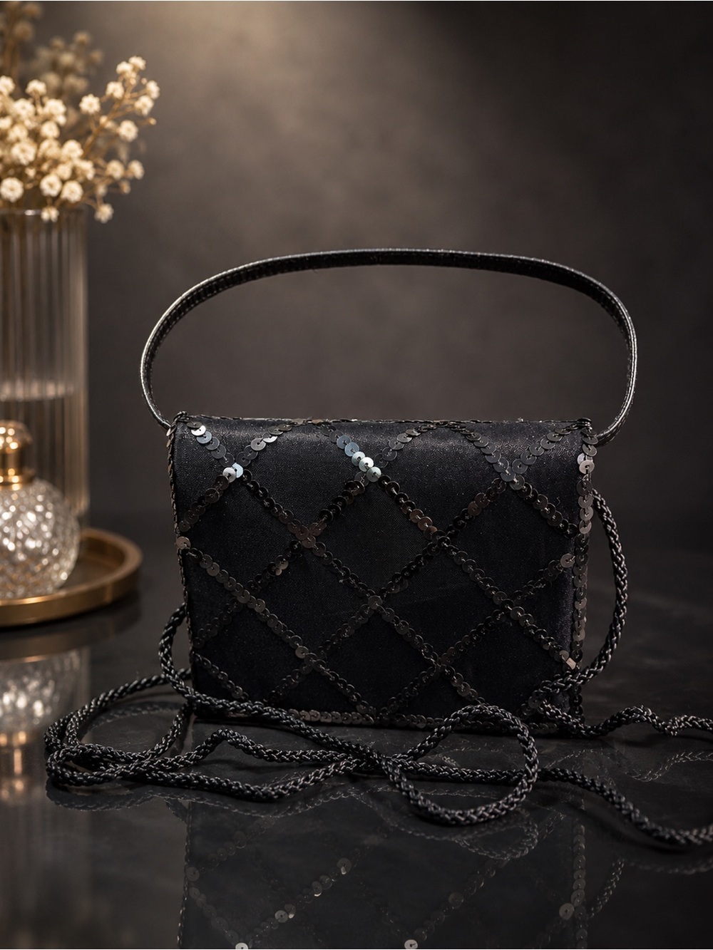 Claire’s Black Sequin Evening Bag Crossbody Top Handle Clutch NWOT Party Purse